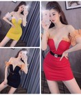 Đầm body bẹt vai phối voan hở ngực sexy