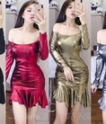 Đầm body bẹt vai đuôi cá da nhũ sexy