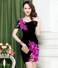 Hình ảnh: Đầm in 3D tay ren có size 3XL: Hoa Lan Tím Nền Đen TP878