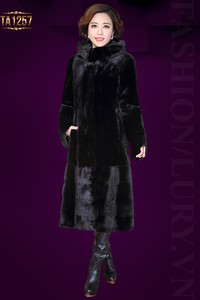 Áo khoác nhung lông màu đen dáng dài cổ trụ cao sang trọng TA1257