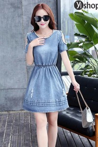 Đầm jean xòe tay cut out đính hạt - CHGT-221