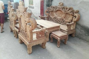 Bộ bàn ghế giả cổ Rồng Đỉnh Tứ Linh gỗ Hương Vân