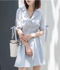 D080AM Đầm Sơmi Sọc Tay Nơ