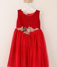 Đầm xòe đỏ đính hoa ren eo cho bé gái HIKARI 12