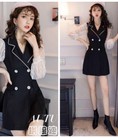 Đầm cổ vest phối tay ren lưới HK