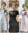 Đầm dự tiệc váy nữ gấm cổ tròn tay cánh tiên 3 màu xanh hồng đen hàng cao cấp