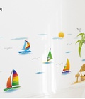 Hình ảnh: Decal dán tường OVivi cây dừa cánh buồm bãi biển OV141