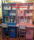 Hình ảnh: bàn học sinh kèm giá sach +ghế màu xanh ,hồng