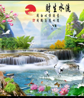 Hình ảnh: Tranh gạch men 3D phong cảnh đẹp thác nước hoa sen con cò