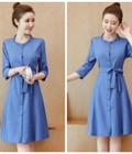 Hình ảnh: Đầm sơ mi cổ bèo cài nút phối dây cột eo