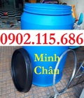 Hình ảnh: Thùng phuy nhựa 220 lít có đai sắt, thùng phuy nhựa 220L nắp mở, thùng phuy nhựa 220L mới,