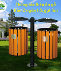Hình ảnh: Thùng rác giả gỗ treo 2 ngăn tròn, có mái, có gạt tàn