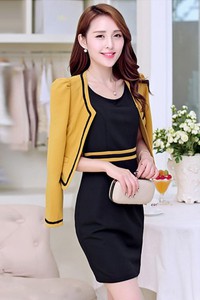 Set đầm kèm áo vest sọc vàng BD145