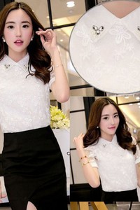 Áo sơ mi nữ ren hoa nổi đính hạt BA105