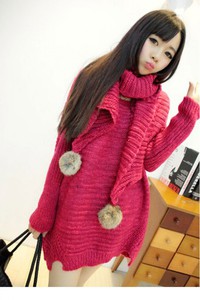 Áo len nữ kèm khoăn choàng quả bông GL03