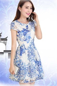 Đầm xòe hoa xanh nổi BD100