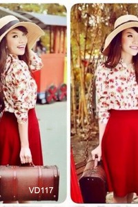 Set áo sơ mi hoa chân váy đỏ cực xinh VD117