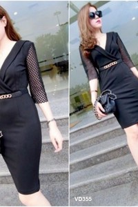Đầm ôm vạt chéo tay ren lưới kèm belt VD355