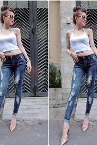 Quần jean 1 nút rách 2 bên xắn lai VQ160