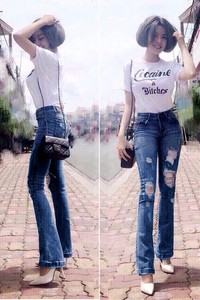 Quần jean lưng cao rách 1 nút ống suông VQ146