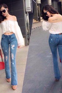 Quần jean lưng cao rách 1 nút ống suông VQ147
