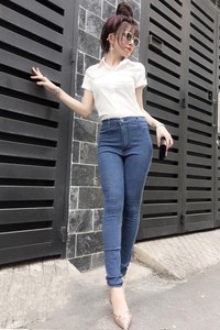 Sét nguyên bộ áo sơ mi trắng quần jean lưng cao 1 nút VJ66