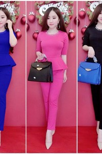 Set áo peplum cổ đính hạt tùng xòe quần dài VJ123