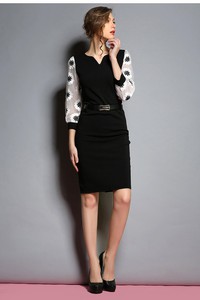 Đầm công sở phối tay voan thêu hoa nổi cao cấp