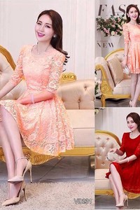 Đầm xòe cổ tròn ren kim sa sp.00451