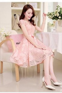 Đầm xòe ren cổ tròn kèm đai nơ sp.01052