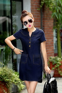 Đầm jean 2 túi cổ v