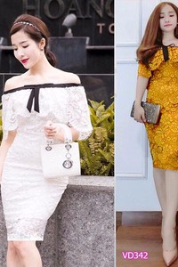Đầm ren bẹt vai viền nơ VD342