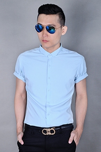 Áo sơ mi nam tay ngắn cổ nhỏ màu xanh nhạt kiểu hàn quốc 03000280116