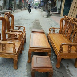 ​​​Bộ bàn ghế giả cổ trạm đào tay 12 gỗ nghiến