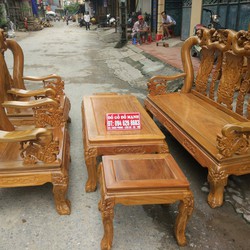 Bộ bàn ghế giả cổ trạm tứ linh gỗ l.im tay 12