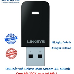 USB bắt wifi Linksys max stream AC 600mb wifi 2 băng tầng, hàng US mới nguyên hộp.