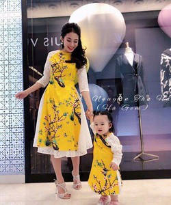 Sét bộ áo dài mẹ và bé gấm tết kèm chân váy xòe