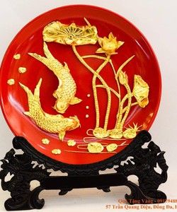 Đĩa ngọc cá chép hoa sen dát vàng 24k