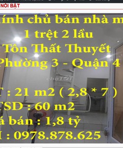 Bán nhà mới hẻm tôn thất thuyết, phường 3, quận 4,tphcm