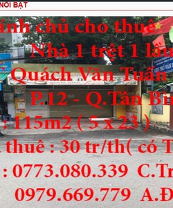 Cho thuê nhà nguyên căn mặt tiền Quách Văn Tuấn,Q.Tân Bình miễn qc