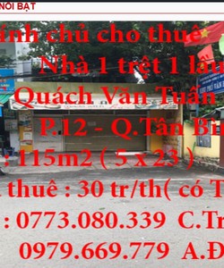 Cho thuê nhà nguyên căn mặt tiền Quách Văn Tuấn,Q.Tân Bình miễn qc