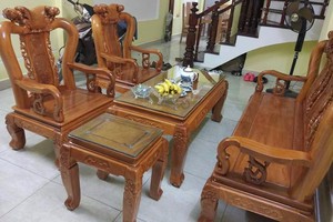 Bộ bàn ghế trạm khắc Minh quốc đào gỗ g.õ đỏ cột 10 và cột 1