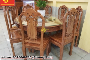 Bộ bàn ăn gỗ hương ghế hoa hồng bàn tròn 8 ghế-