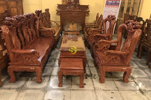 Bộ bàn ghế chạm đào chim tay rồng mặt liền gỗ hương đá 6 món