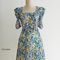 Đầm xếp ly tay dáng chữ A phối họa tiết hoa trẻ trung D2.2 Xanh